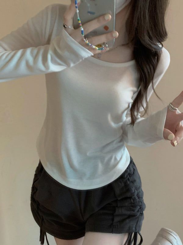 Long Sleeves Skinny Solid Color Square-Neck T-Shirts Tops