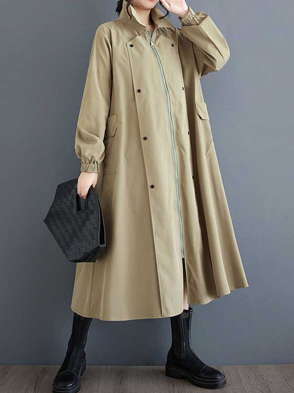 Long Sleeves Loose Buttoned Elasticity Pockets Split-Joint Zipper Lapel Outerwear Trench Coats