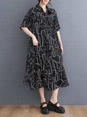 Loose Abstract Printed Lapel Midi Dresses