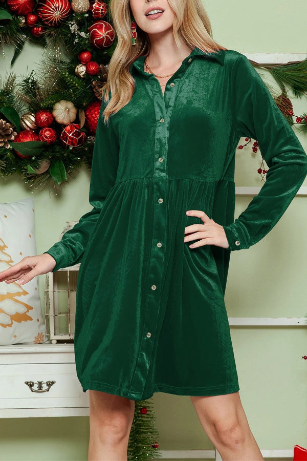 Green Long Sleeve Ruffle Velvet Button Up Shirt Dress