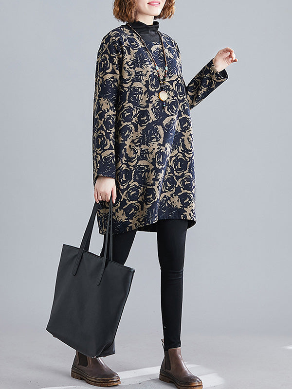 Artistic Retro Loose Long Sleeves Keep Warm Floral Printed High-Neck Mini Dresses