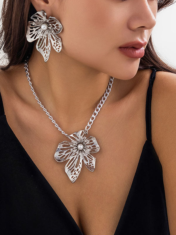 Chains Flower Shape Hollow Pleated Three Pieces Dainty Necklace + Earrings Accessories