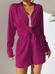 Long Sleeves Loose Buttoned Pleated Solid Color Lapel Shirts Top + Elasticity Shorts Bottom Two Pieces Set