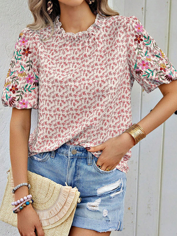 Loose Short Sleeves Elasticity Embroidered Flower Print Pleated Split-Joint Mock Neck T-Shirts Tops