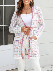 Long Sleeves Loose Plaid Pockets Tasseled Collarless Cardigan Tops