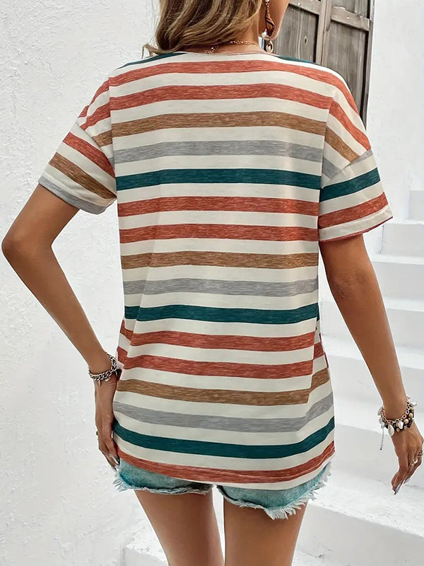 Loose Short Sleeves Striped Round-Neck T-Shirts Tops