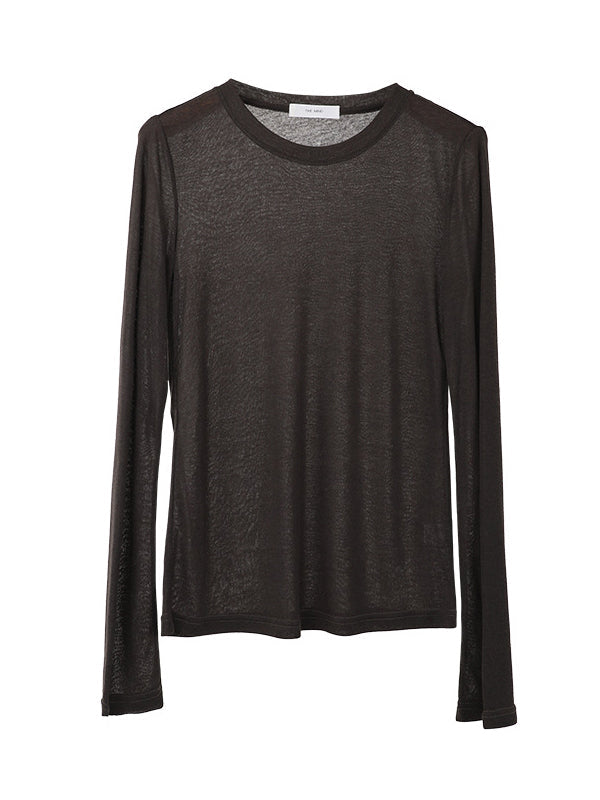 Long Sleeves Skinny See-Through Solid Color Round-Neck T-Shirts