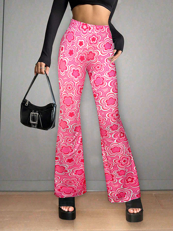 High Waisted Loose Flower Print Split-Joint Flared Trousers Pants