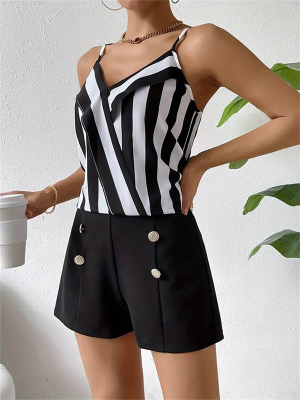 Loose Sleeveless Buttoned Split-Joint Striped Spaghetti-Neck Vest Top + Shorts Bottom Two Pieces Set