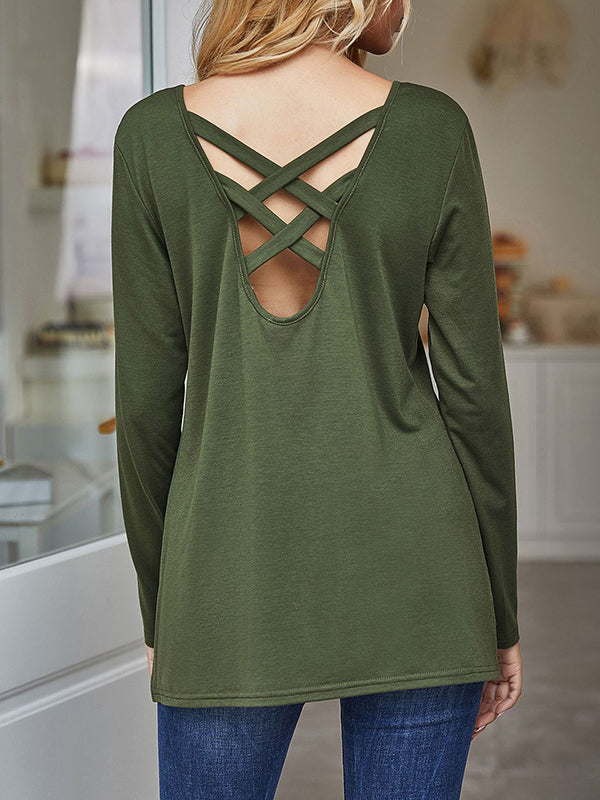 High-Low Long Sleeves Hollow Split-Side Zipper V-Neck T-Shirts Tops