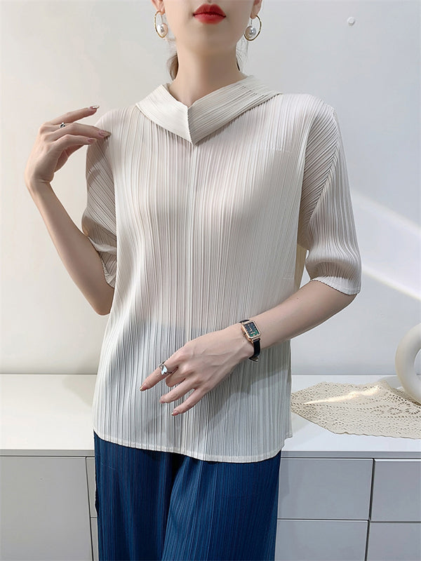 Half Sleeves Hooded Pleated Solid Color Mock Neck T-Shirts Tops