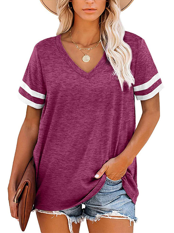 Loose Short Sleeves Contrast Color Striped V-Neck T-Shirts