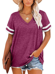 Loose Short Sleeves Contrast Color Striped V-Neck T-Shirts