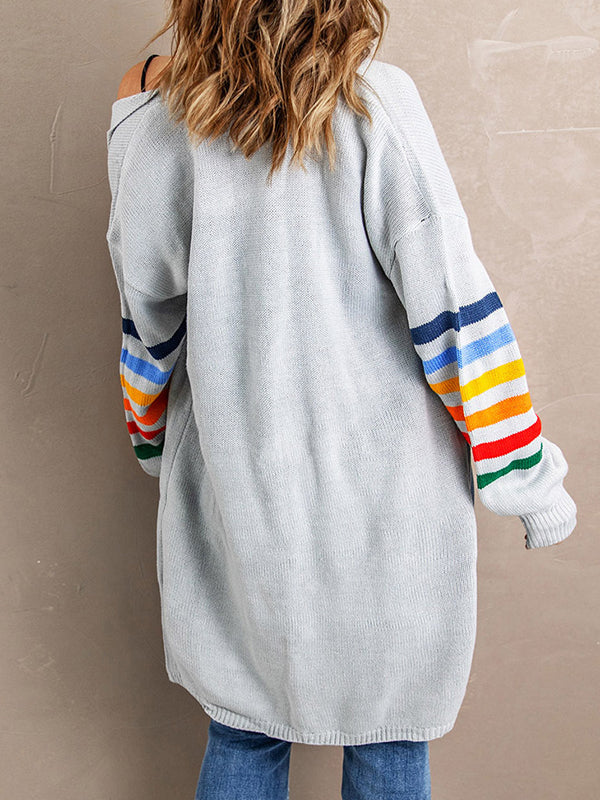 Long Sleeves Loose Colorful Contrast Color Striped Collarless Cardigan Tops