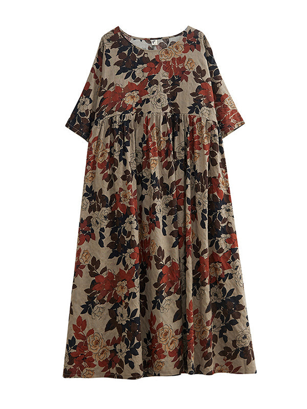 Loose Puff Sleeves Floral Printed Round-Neck Midi Dresses