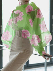 Loose Puff Sleeves Bow-Embellished Floral Printed See-Through Stand Collar Blouses&Shirts Tops