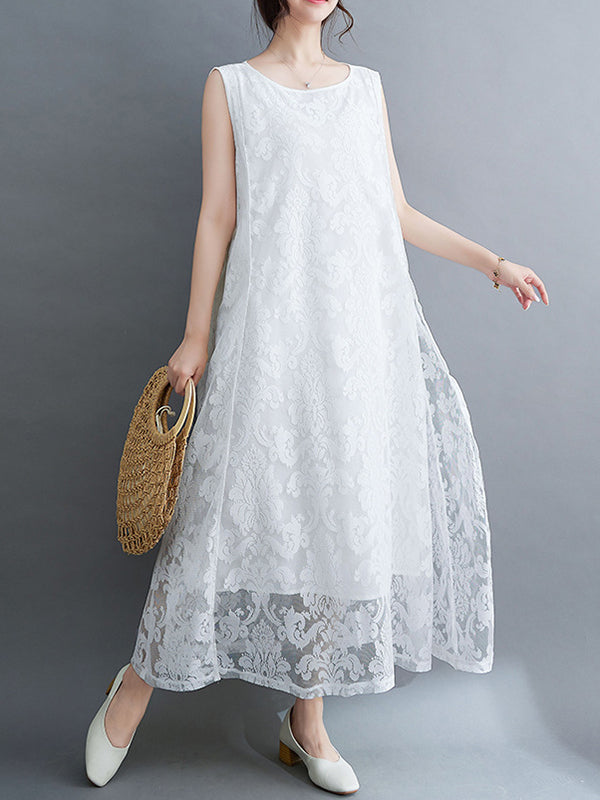 A-Line Loose Lacy See-Through Solid Color Split-Side Round-Neck Midi Dresses