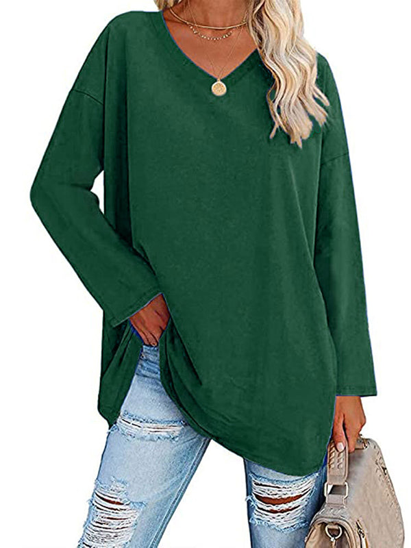 Long Sleeves Loose See-Through Solid Color Split-Joint V-Neck T-Shirts