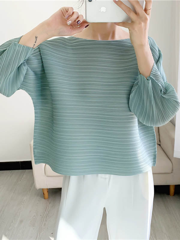 Casual Loose Three-Quarter Sleeves Pleated Solid Color Round-Neck T-Shirts Tops