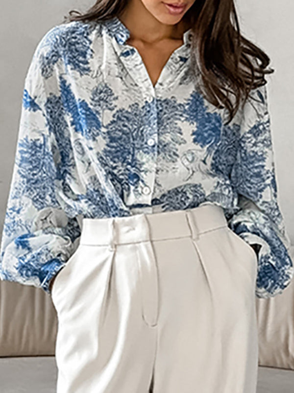 Loose Puff Sleeves Floral Printed Pleated Split-Joint Stand Collar Blouses&Shirts Tops