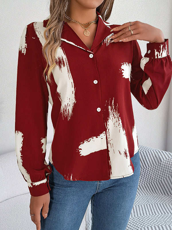 Long Sleeves Loose Buttoned Printed Notched Collar Blouses&Shirts Tops