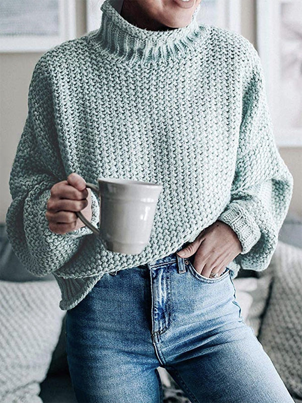 Casual Long Sleeves Solid Color High-Neck Sweater Tops