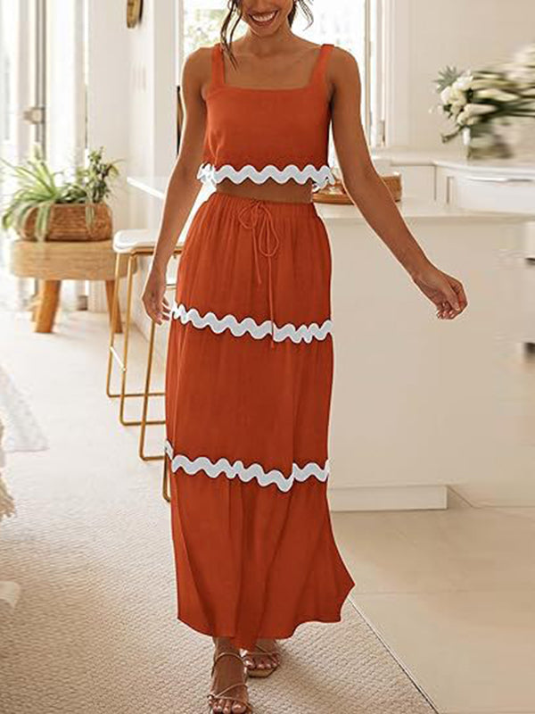 Sleeveless Striped Square-Neck Vest Top + A-Line High Waisted Drawstring Elasticity Pockets Skirts Bottom Two Pieces Set