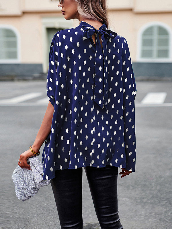 Loose Bandage Polka Dot Round-Neck Blouses&Shirts Tops