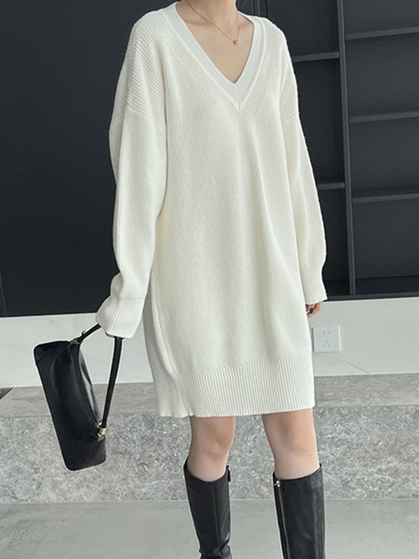 Simple Loose Long Sleeves Solid Color V-Neck Sweater Dresses