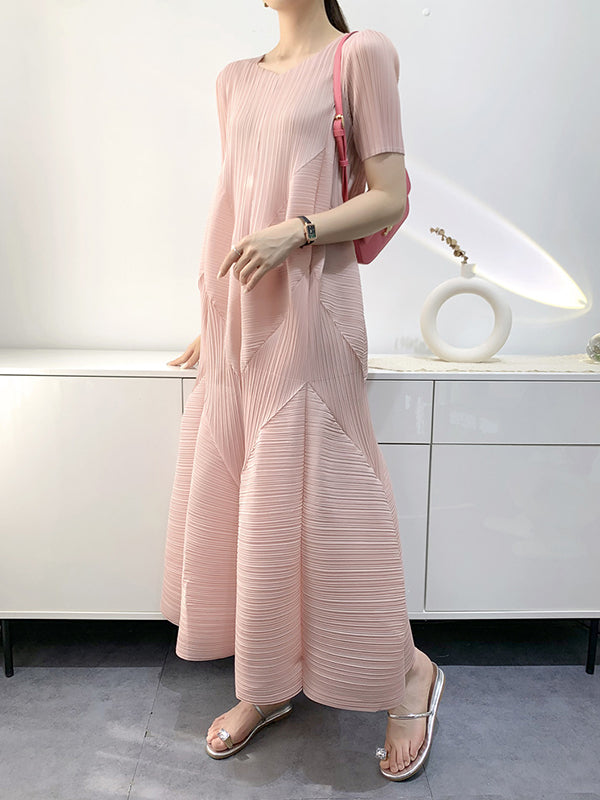 Loose Short Sleeves Pleated Solid Color Split-Joint V-Neck Midi Dresses