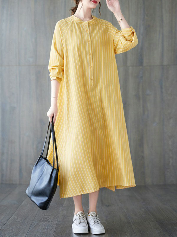 Long Sleeves Loose Buttoned Split-Side Striped Round-Neck Midi Dresses Shirt Dress