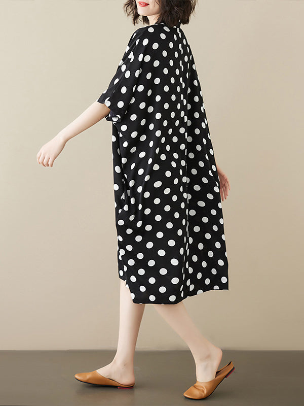 Loose Short Sleeves Polka-Dot V-Neck Midi Dresses