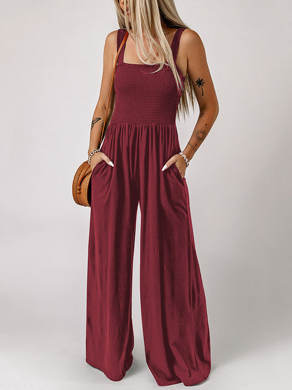 Sleeveless Wide Leg Pleated Solid Color Square-Neck Jumpsuits