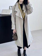 Long Sleeves Loose Buckle Pockets Solid Color Split-Back Tied Waist Lapel Trench Coats