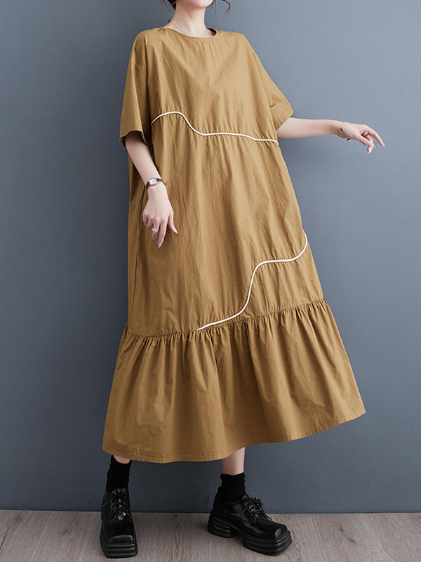 Loose Short Sleeves Pleated Split-Joint Round-Neck Midi Dresses