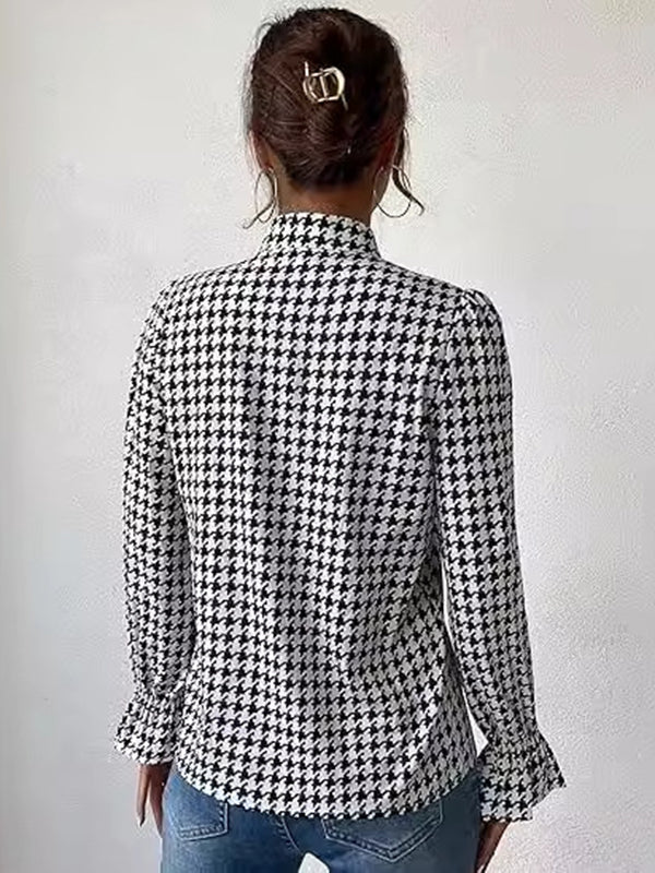 Long Sleeves Loose Elasticity Houndstooth Split-Joint V-Neck Blouses&Shirts Tops