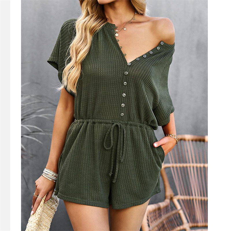 V-Neck Knitted Solid Color Jumpsuit Shorts