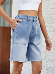 Loose Buttoned Elasticity Fringed Pockets Split-Joint Denim Shorts