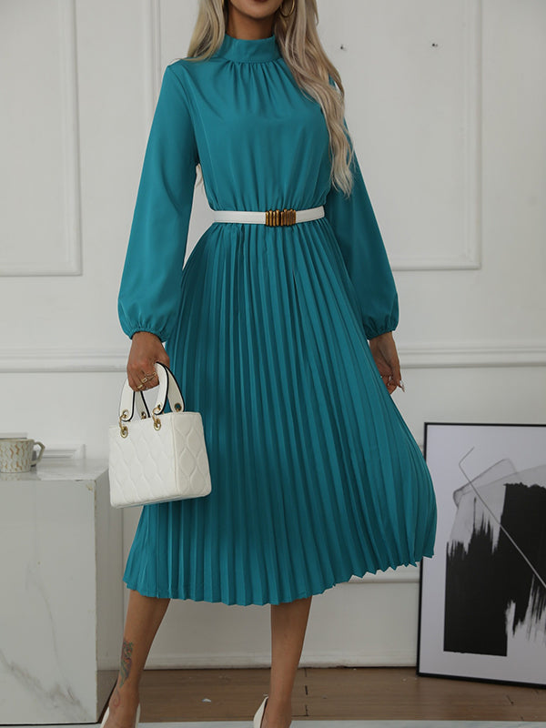 Long Sleeves Loose Buttoned Elasticity Hollow No Belt Pleated Solid Color High Neck Midi Dresses