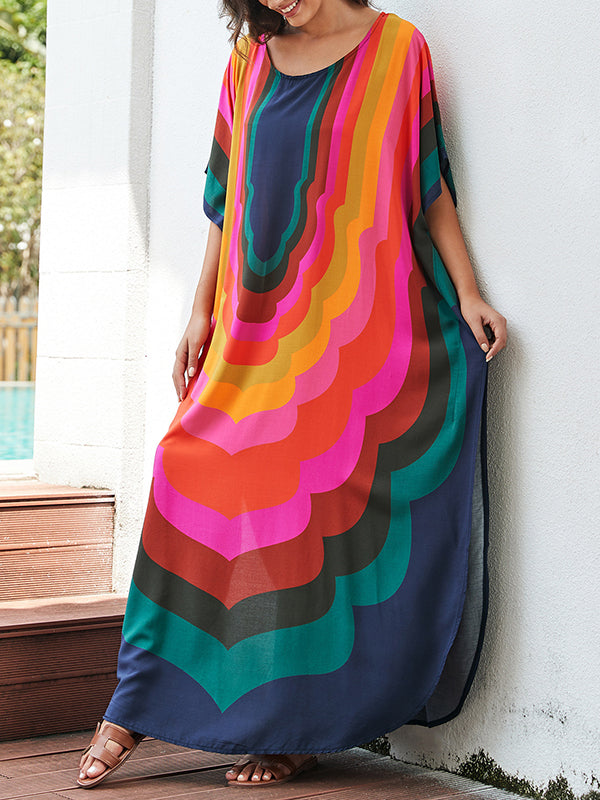 Batwing Sleeves Loose Contrast Color Printed Sun Protection Round-Neck Maxi Dresses