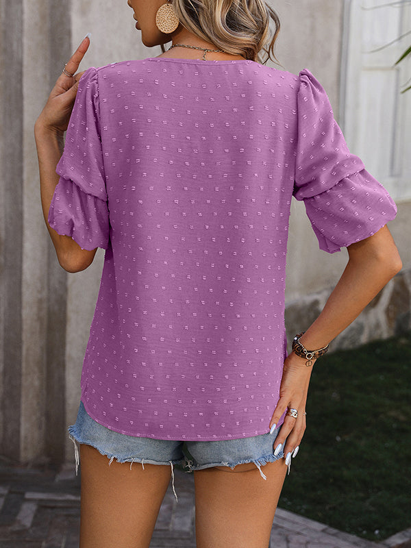 Puff Sleeves Wrap Jacquard Solid Color V-Neck T-Shirts Tops