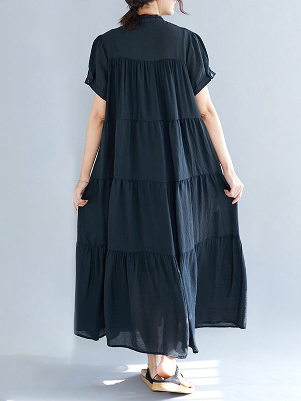 Vintage Loose Split-Joint Pleated Short Sleeves Round-Neck Midi Dress