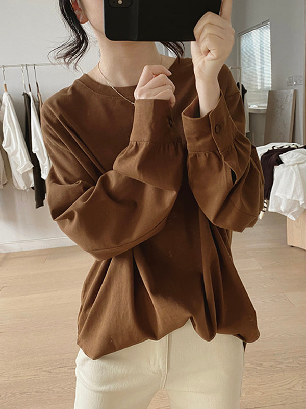 Long Sleeves Loose Solid Color Round-Neck T-Shirts Tops