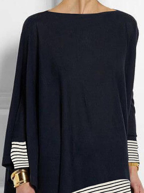 Batwing Sleeves Long Sleeves Split-Joint Striped Round-Neck T-Shirts