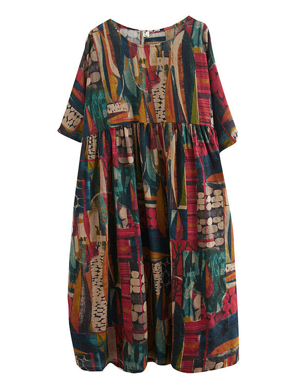 Vintage Loose Abstract Printed Pleated Round-Neck Half Sleeves Midi Dress