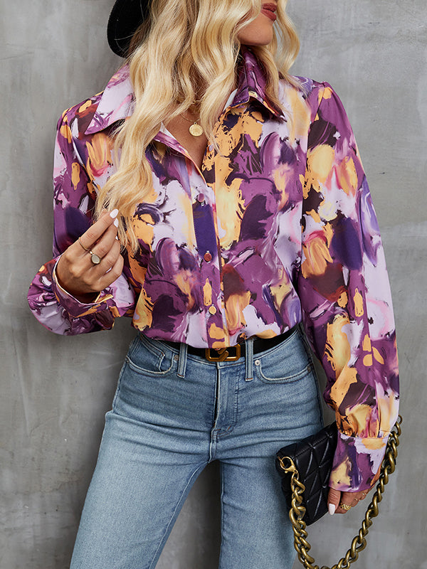 Long Sleeves Loose Buttoned Printed Split-Joint Lapel Blouses&Shirts Tops