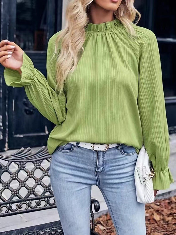 Flared Sleeves Long Sleeves Elasticity Pleated Solid Color Mock Neck Blouses&Shirts Tops