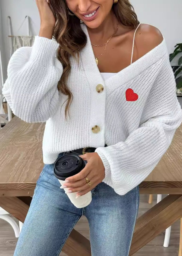 Heart Embroidered Button-Up Knit Cardigan