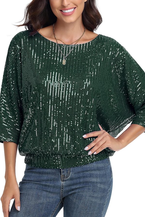 Solid Color Sequined Loose Round Neck Casual Top