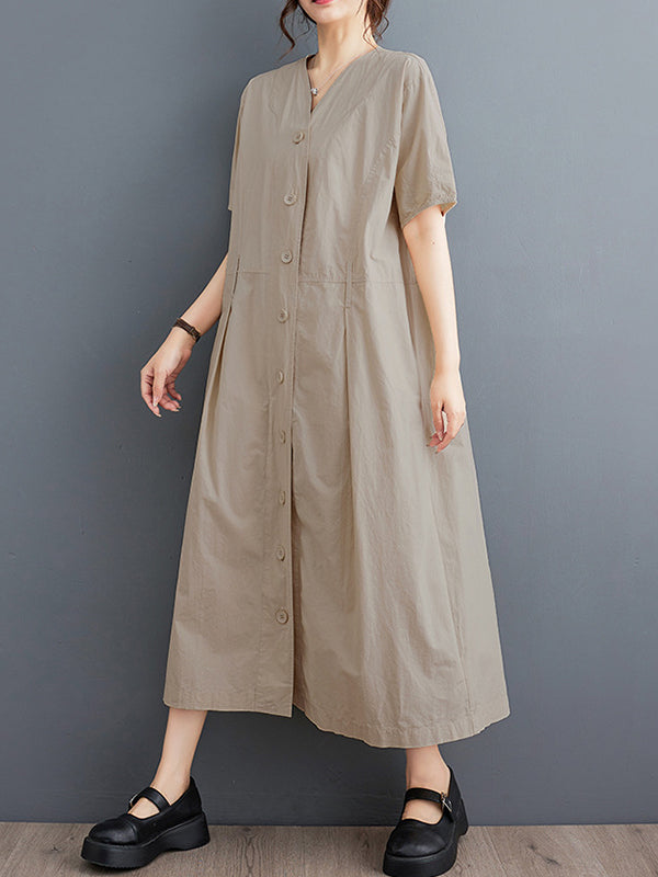 A-Line Loose Buttoned Pockets Solid Color V-Neck Midi Dresses